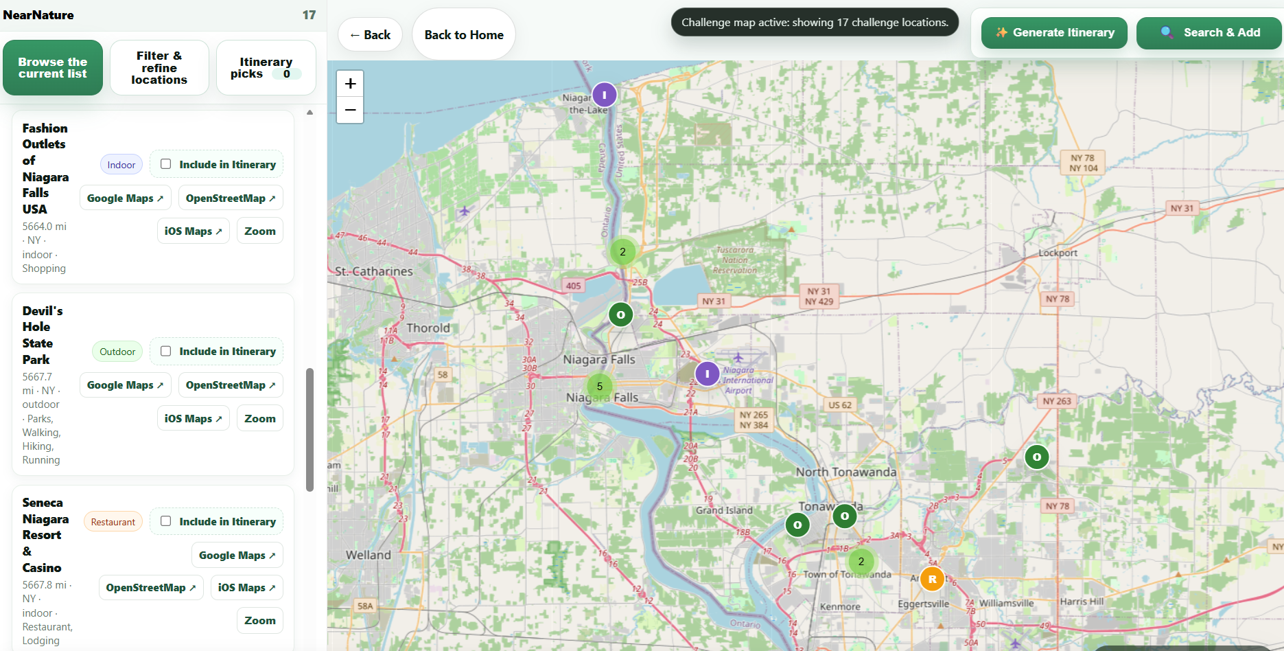 Preview of the NearNature interactive Niagara Falls map with featured stops